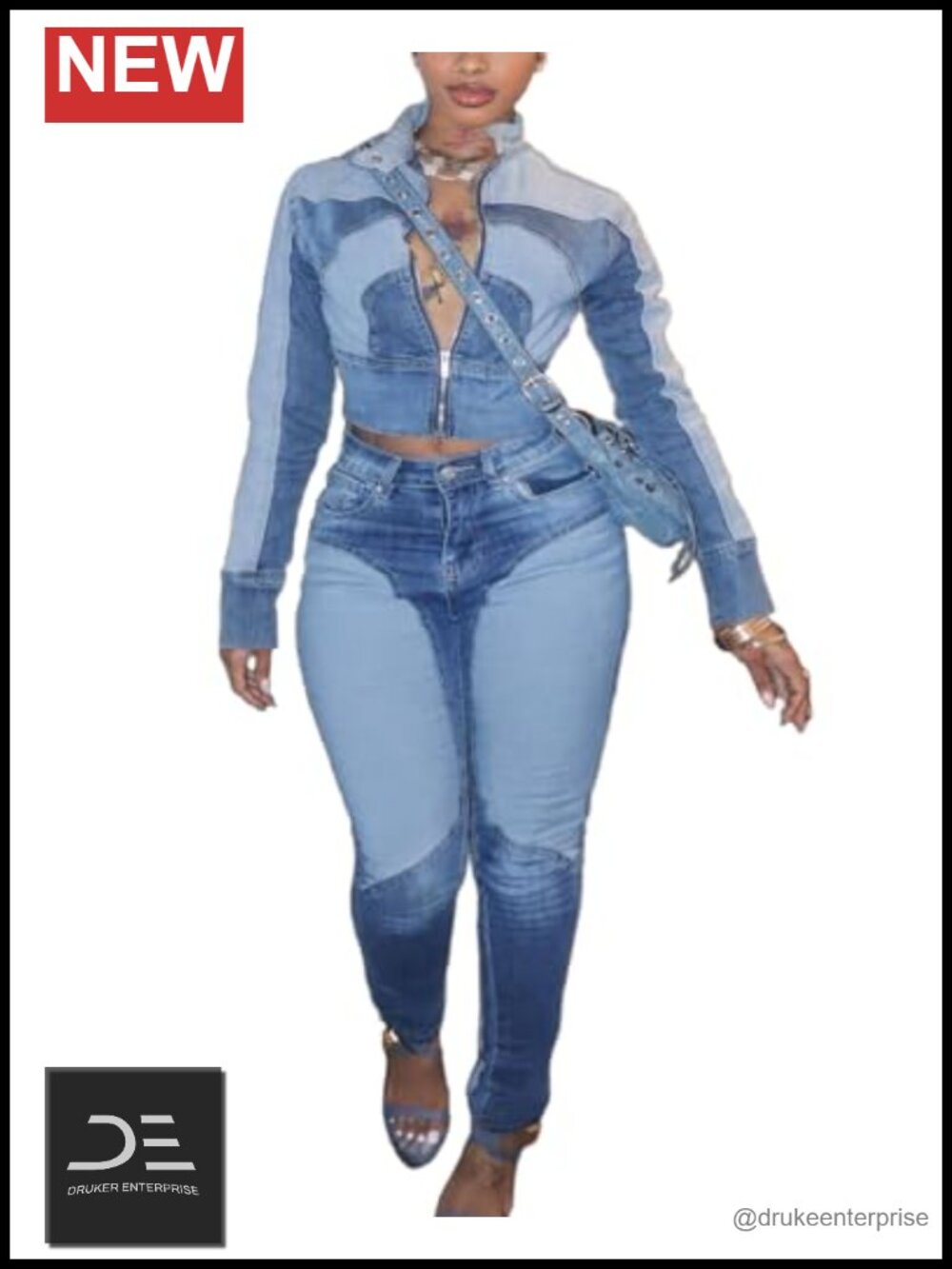 Women's Denim Two Piece Outfit Set - Cropped Jacket and Jeans